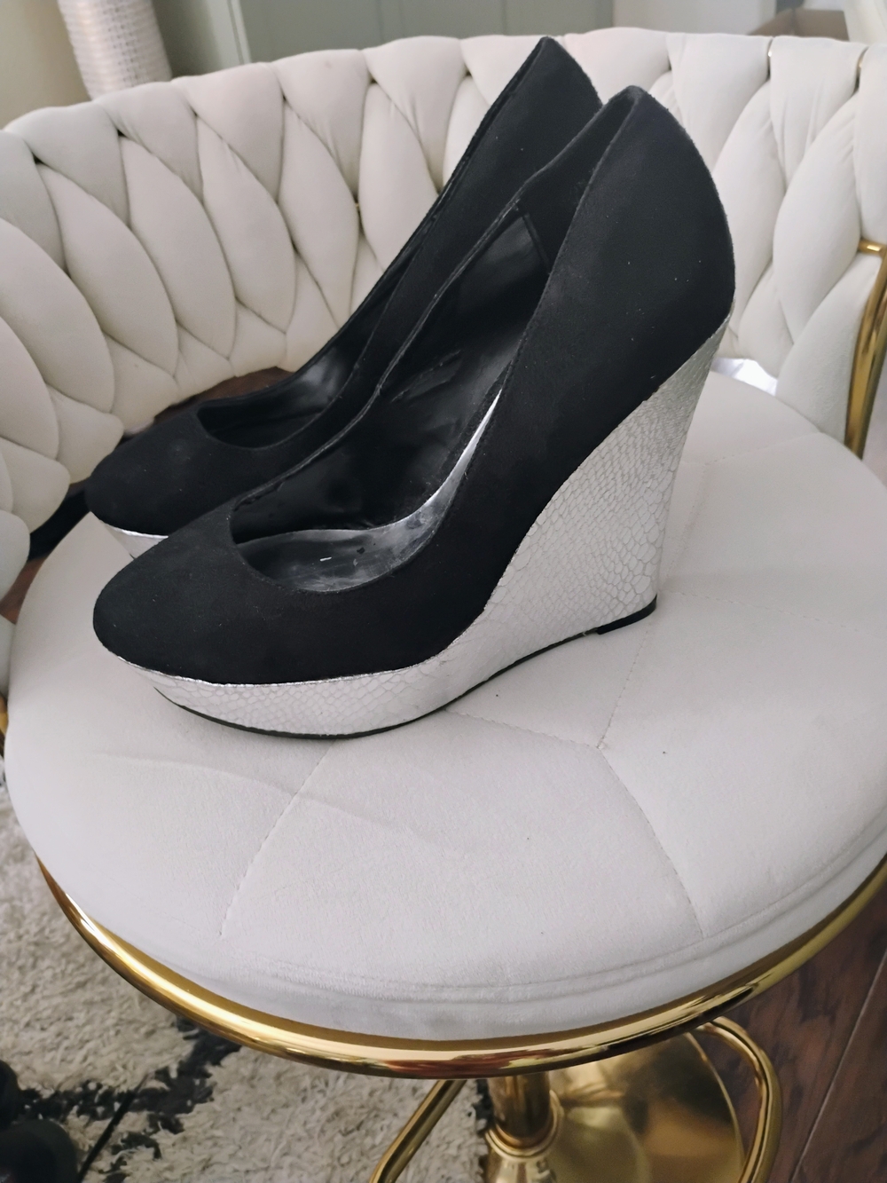 Black Suede Wedge Pumps with Silver Textured Wedge